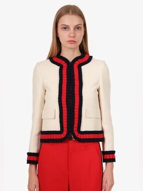 Authentic GUCCI CREAM SILK/COTTON BLEND CROPPED WEB TRIM JACKET size 36